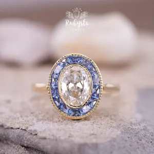 Convertible Lab-Grown Diamond Ring Pendant, Oval Old Mine Cut, Blue Sapphire Halo
