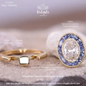 Convertible Lab-Grown Diamond Ring Pendant, Oval Old Mine Cut, Blue Sapphire Halo — view 1