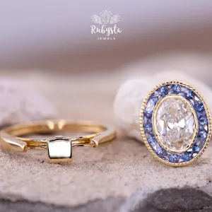 Convertible Lab-Grown Diamond Ring Pendant, Oval Old Mine Cut, Blue Sapphire Halo — view 2