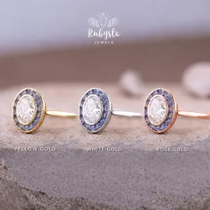Convertible Lab-Grown Diamond Ring Pendant, Oval Old Mine Cut, Blue Sapphire Halo — view 3