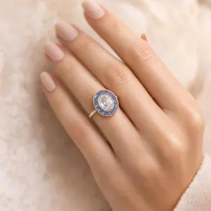 Convertible Lab-Grown Diamond Ring Pendant, Oval Old Mine Cut, Blue Sapphire Halo — view 4
