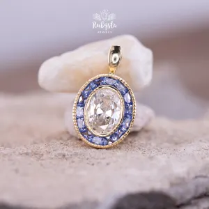 Convertible Lab-Grown Diamond Ring Pendant, Oval Old Mine Cut, Blue Sapphire Halo — view 5