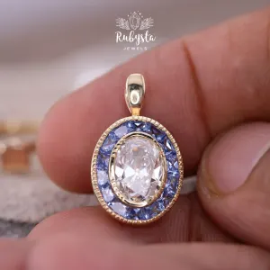 Convertible Lab-Grown Diamond Ring Pendant, Oval Old Mine Cut, Blue Sapphire Halo — view 6