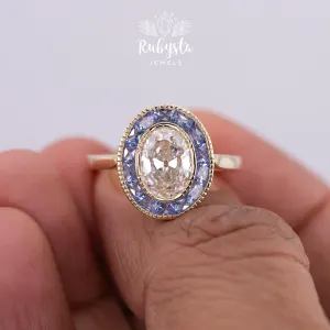 Convertible Lab-Grown Diamond Ring Pendant, Oval Old Mine Cut, Blue Sapphire Halo — view 7
