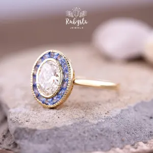 Convertible Lab-Grown Diamond Ring Pendant, Oval Old Mine Cut, Blue Sapphire Halo — view 8