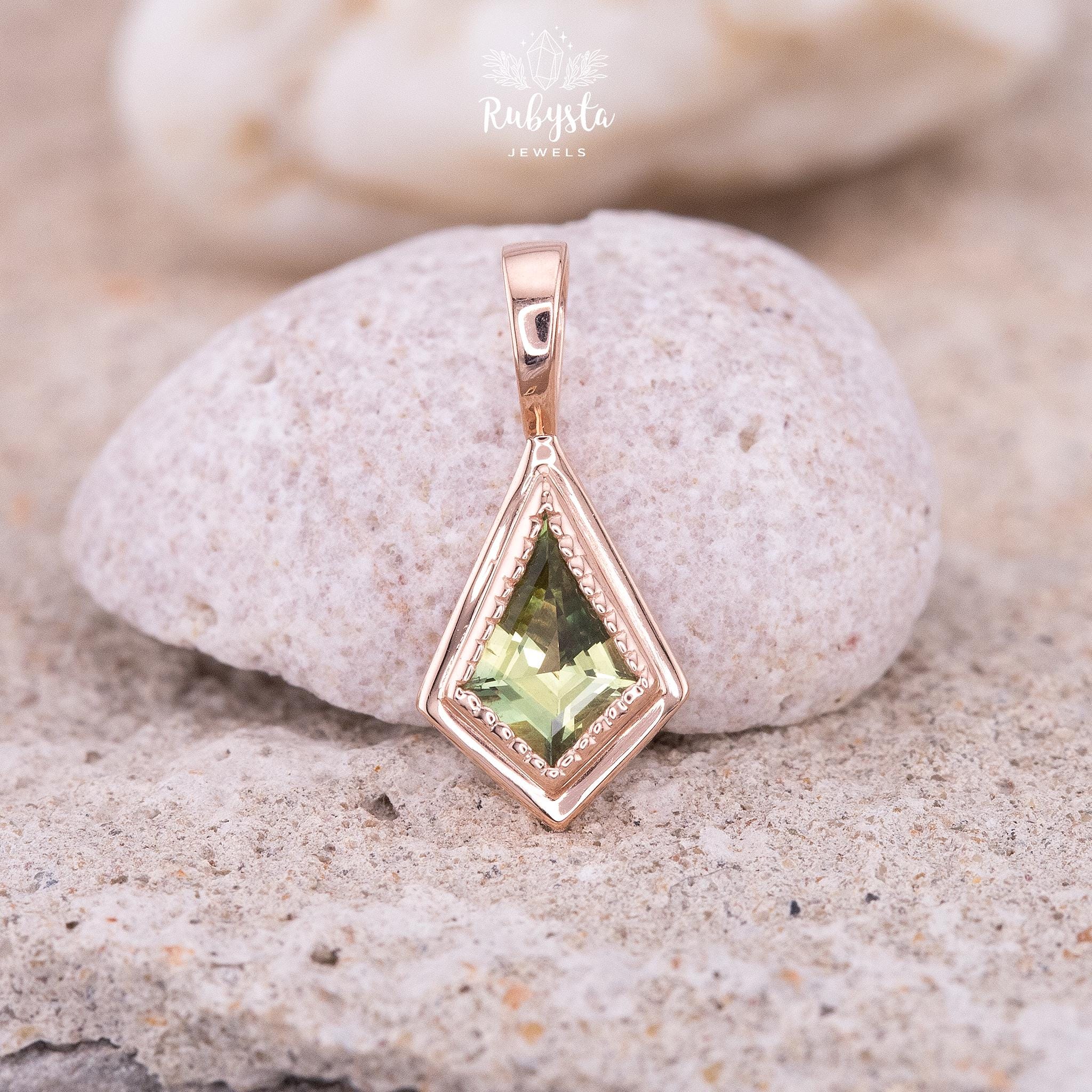 Green Sapphire Pendant, 10k Rose Gold Diamond Shape Necklace