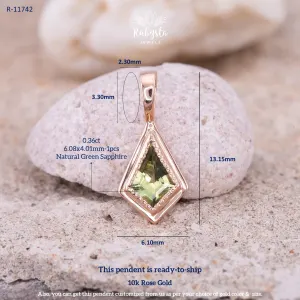 Green Sapphire Pendant, 10k Rose Gold Diamond Shape Necklace — view 2