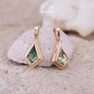 Green Sapphire Pendant, 10k Rose Gold Diamond Shape Necklace — view 5
