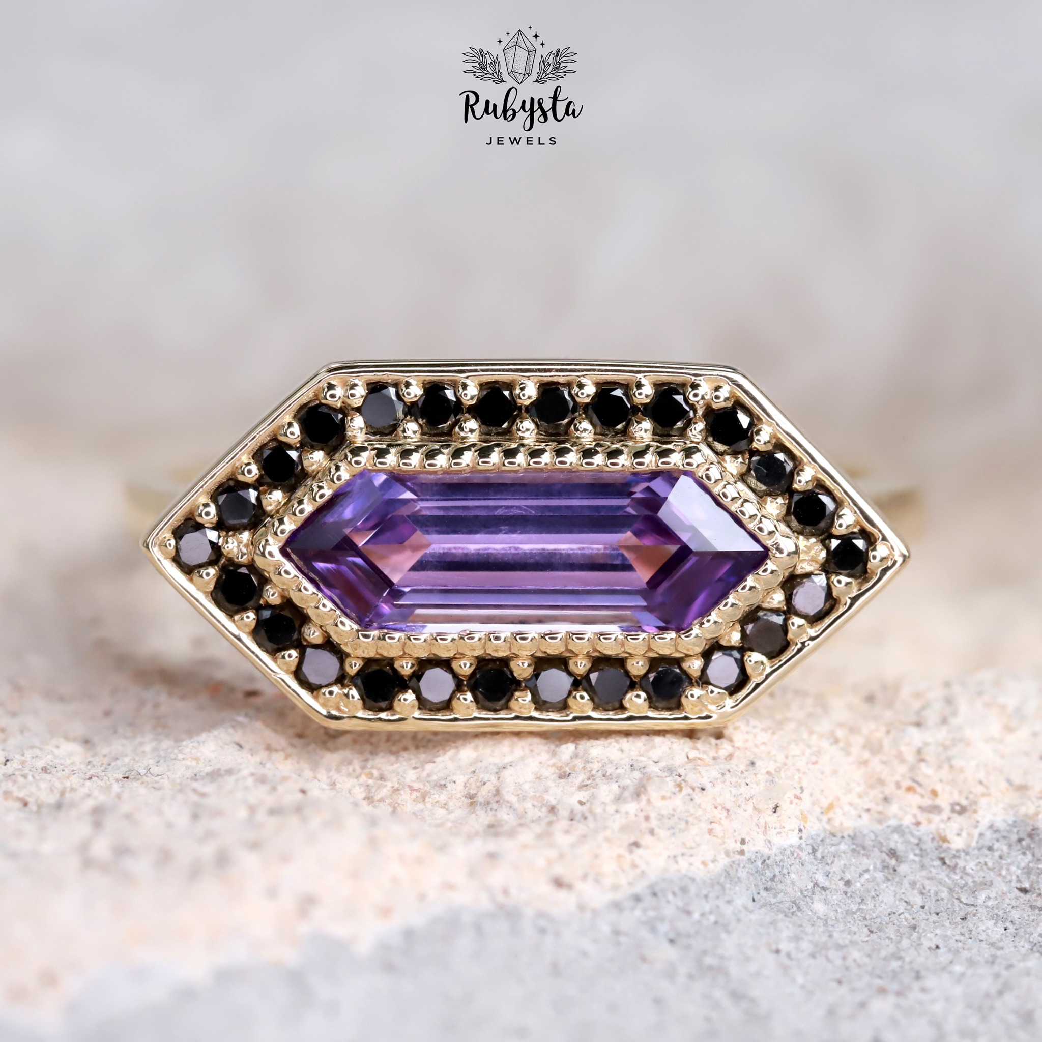Lab Grown Violet Pink Sapphire Ring, Elongated Hexagon Engagement Ring, Natural Black Diamond Halo, 9K Yellow Gold