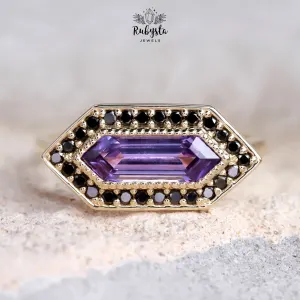 Lab Grown Violet Pink Sapphire Ring, Elongated Hexagon Engagement Ring, Natural Black Diamond Halo, 9K Yellow Gold
