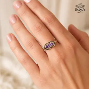 Lab Grown Violet Pink Sapphire Ring, Elongated Hexagon Engagement Ring, Natural Black Diamond Halo, 9K Yellow Gold — view 1