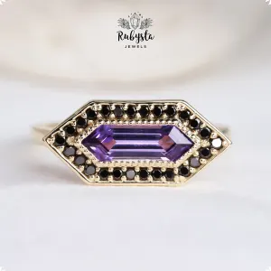 Lab Grown Violet Pink Sapphire Ring, Elongated Hexagon Engagement Ring, Natural Black Diamond Halo, 9K Yellow Gold — view 2