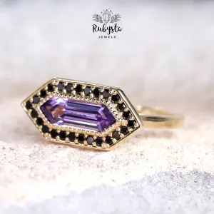 Lab Grown Violet Pink Sapphire Ring, Elongated Hexagon Engagement Ring, Natural Black Diamond Halo, 9K Yellow Gold — view 4