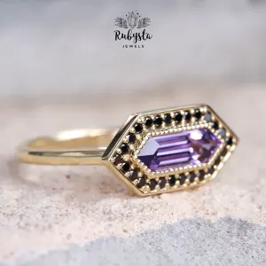 Lab Grown Violet Pink Sapphire Ring, Elongated Hexagon Engagement Ring, Natural Black Diamond Halo, 9K Yellow Gold — view 5