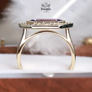 Lab Grown Violet Pink Sapphire Ring, Elongated Hexagon Engagement Ring, Natural Black Diamond Halo, 9K Yellow Gold — view 7
