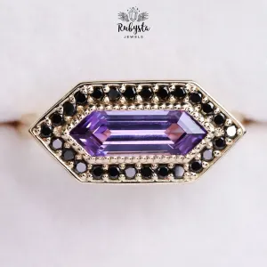 Lab Grown Violet Pink Sapphire Ring, Elongated Hexagon Engagement Ring, Natural Black Diamond Halo, 9K Yellow Gold — view 8