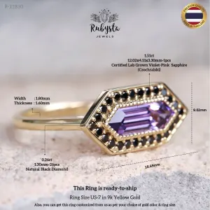 Lab Grown Violet Pink Sapphire Ring, Elongated Hexagon Engagement Ring, Natural Black Diamond Halo, 9K Yellow Gold — view 9